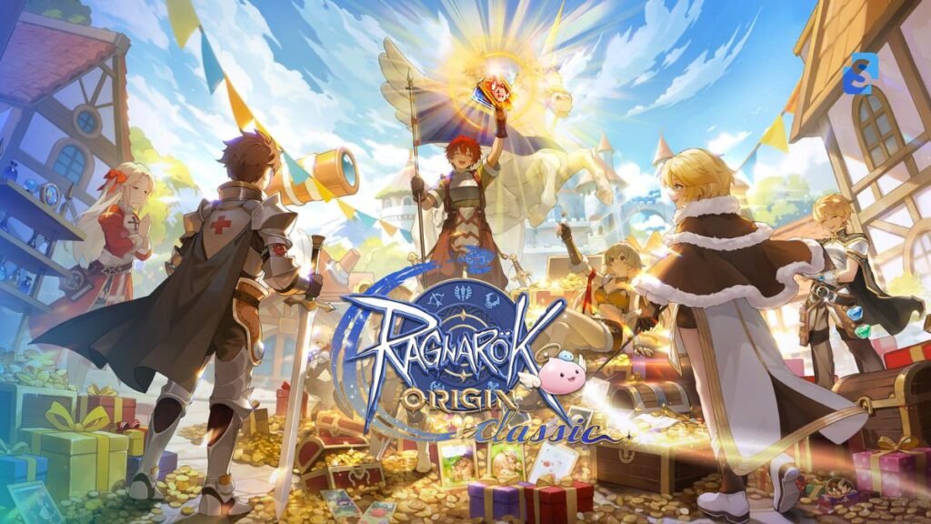 Personagens de Ragnarok Origin Classic reunidos em Prontera durante o anúncio da Copa Tyr Global, com traje temático de futebol ao fundo.